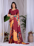Maroon soft satin georgette printed saree with elegant flow