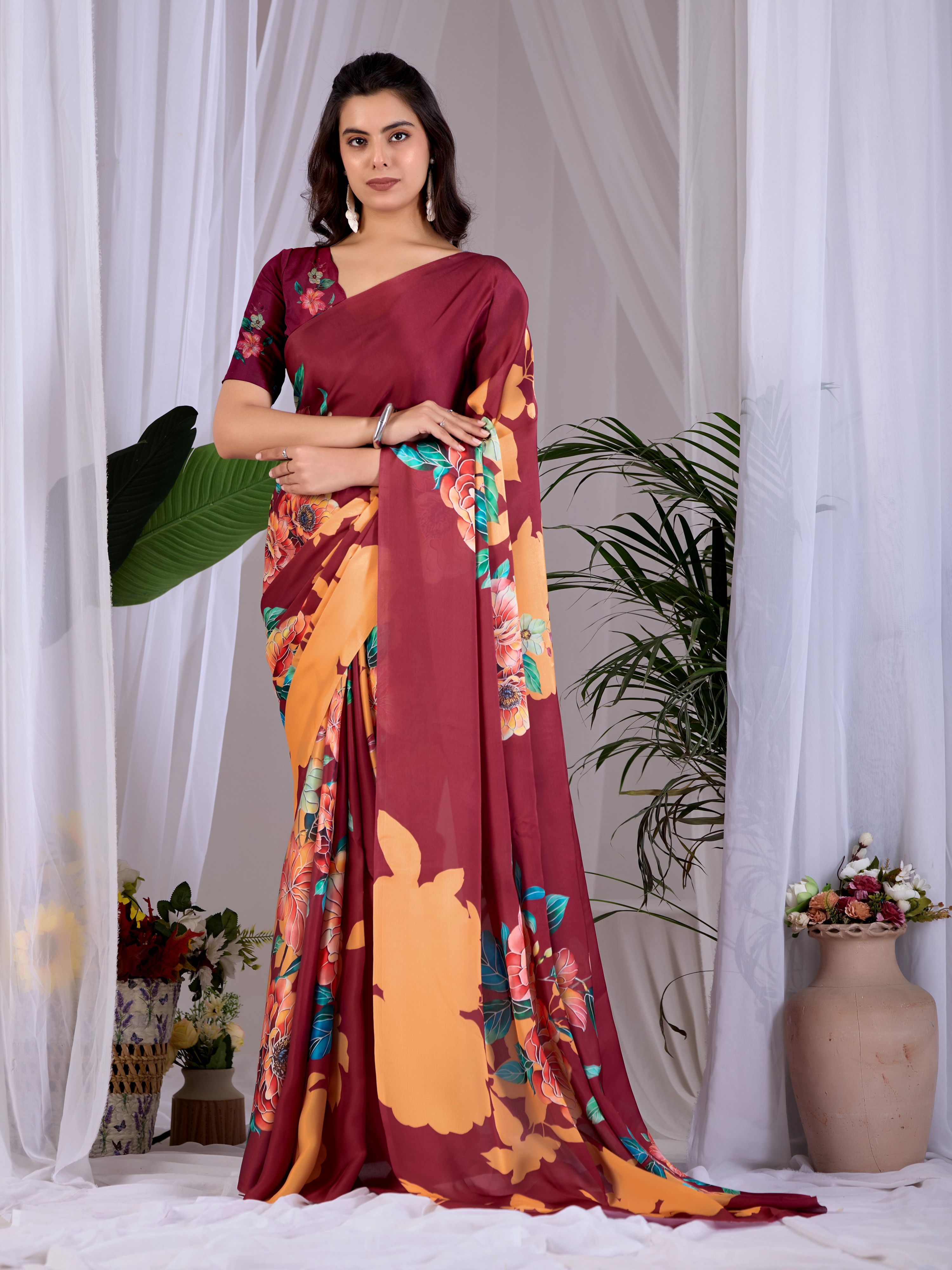 Maroon soft satin georgette printed saree with elegant flow