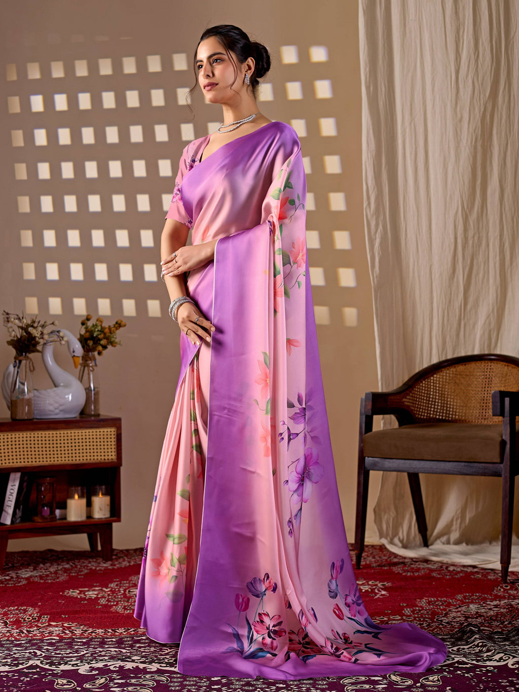 Purple Soft Satin Georgette Printed Saree with Blouse