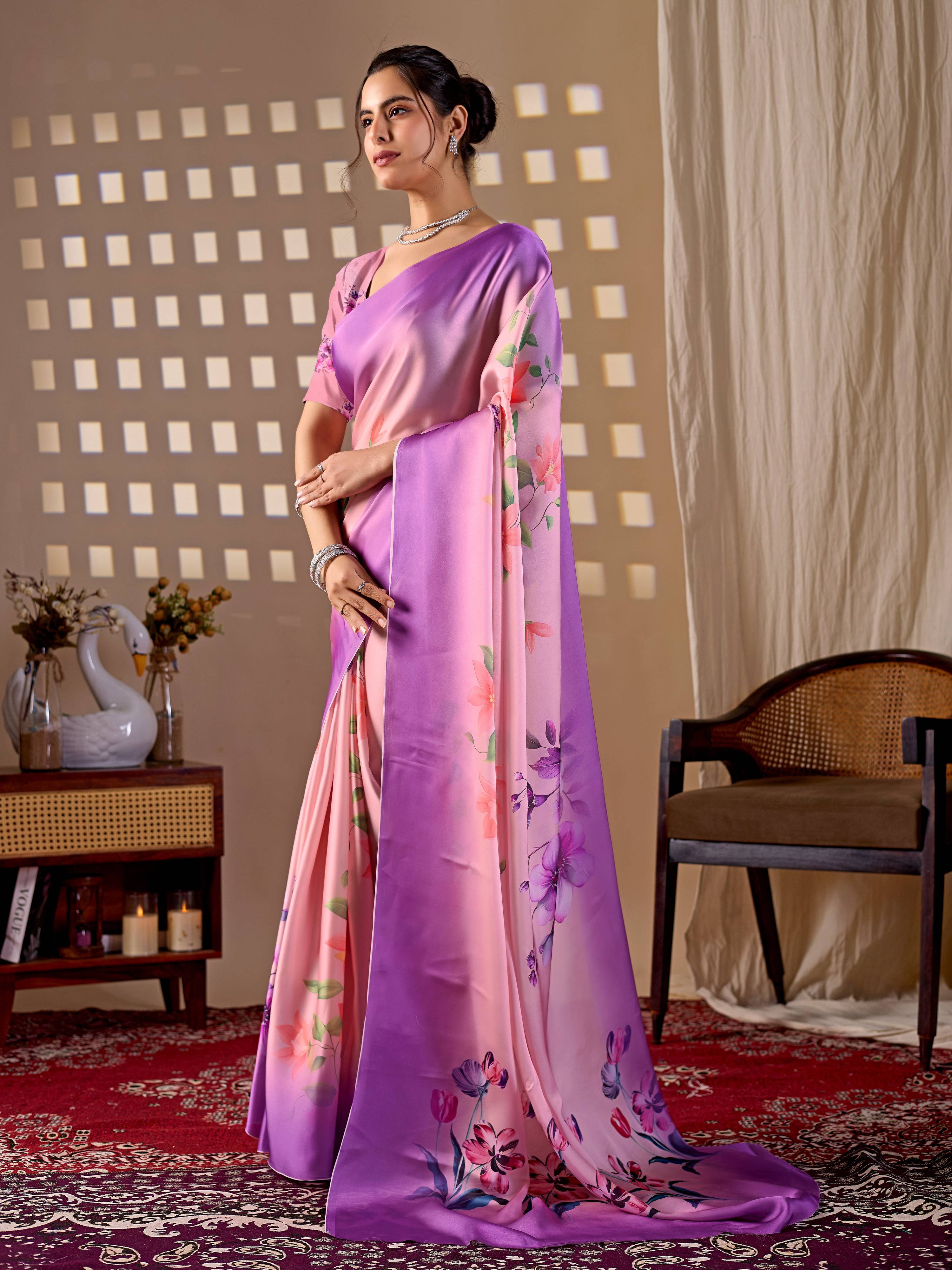 Purple Soft Satin Georgette Printed Saree with Blouse