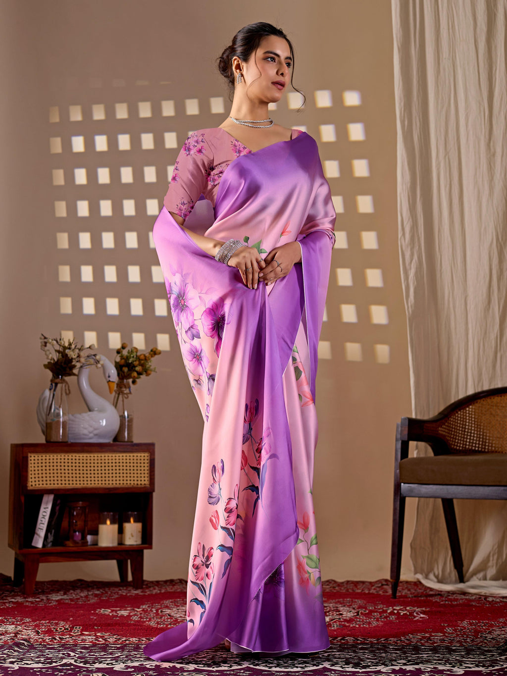 Purple Soft Satin Georgette Printed Saree with Blouse