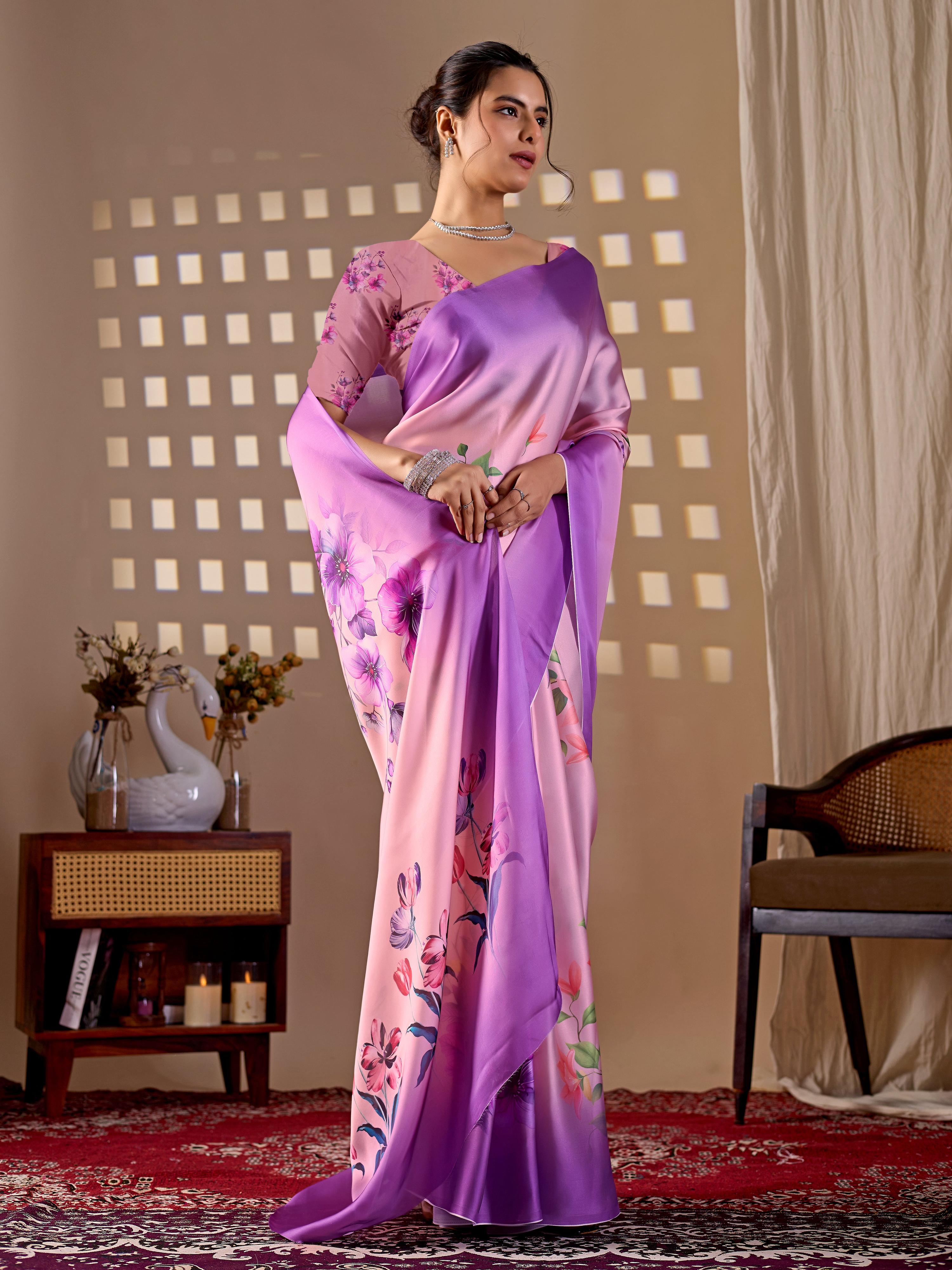 Purple Soft Satin Georgette Printed Saree with Blouse