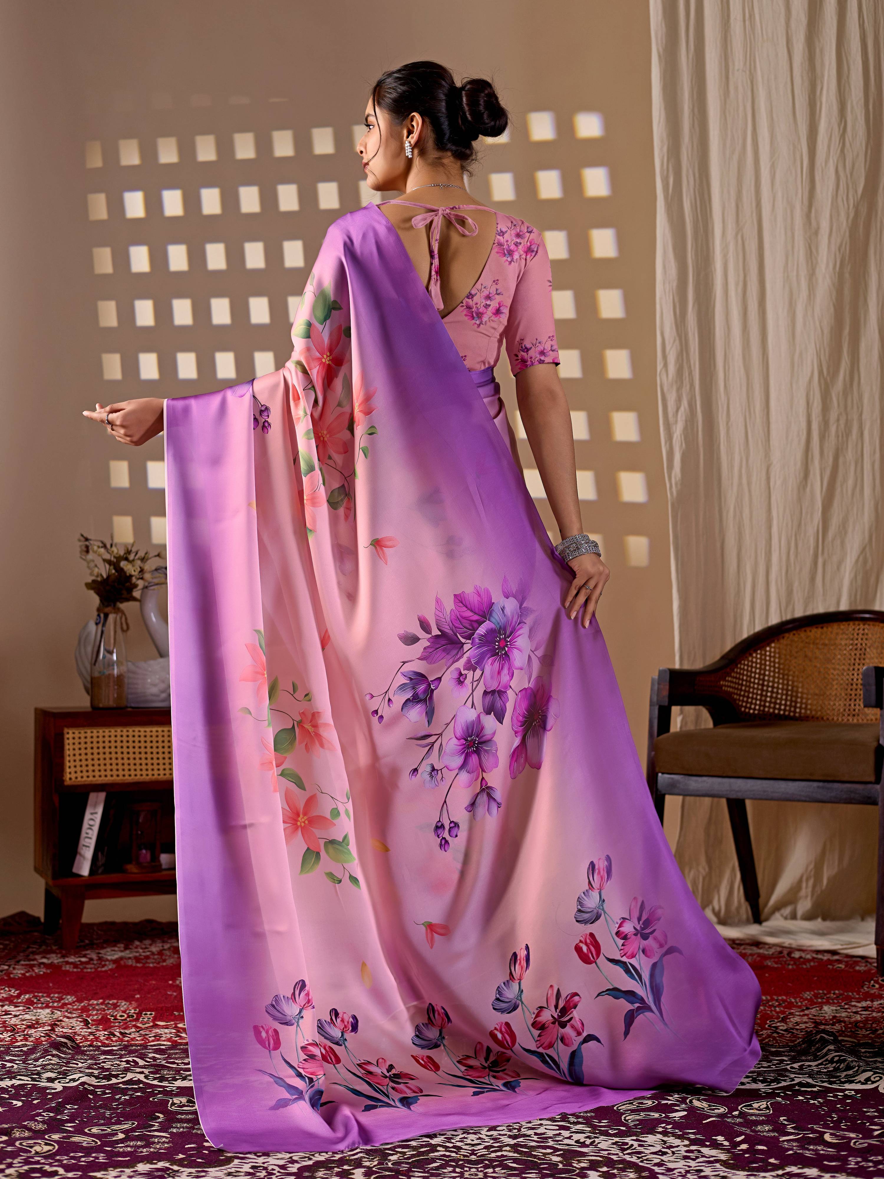 Purple Soft Satin Georgette Printed Saree with Blouse