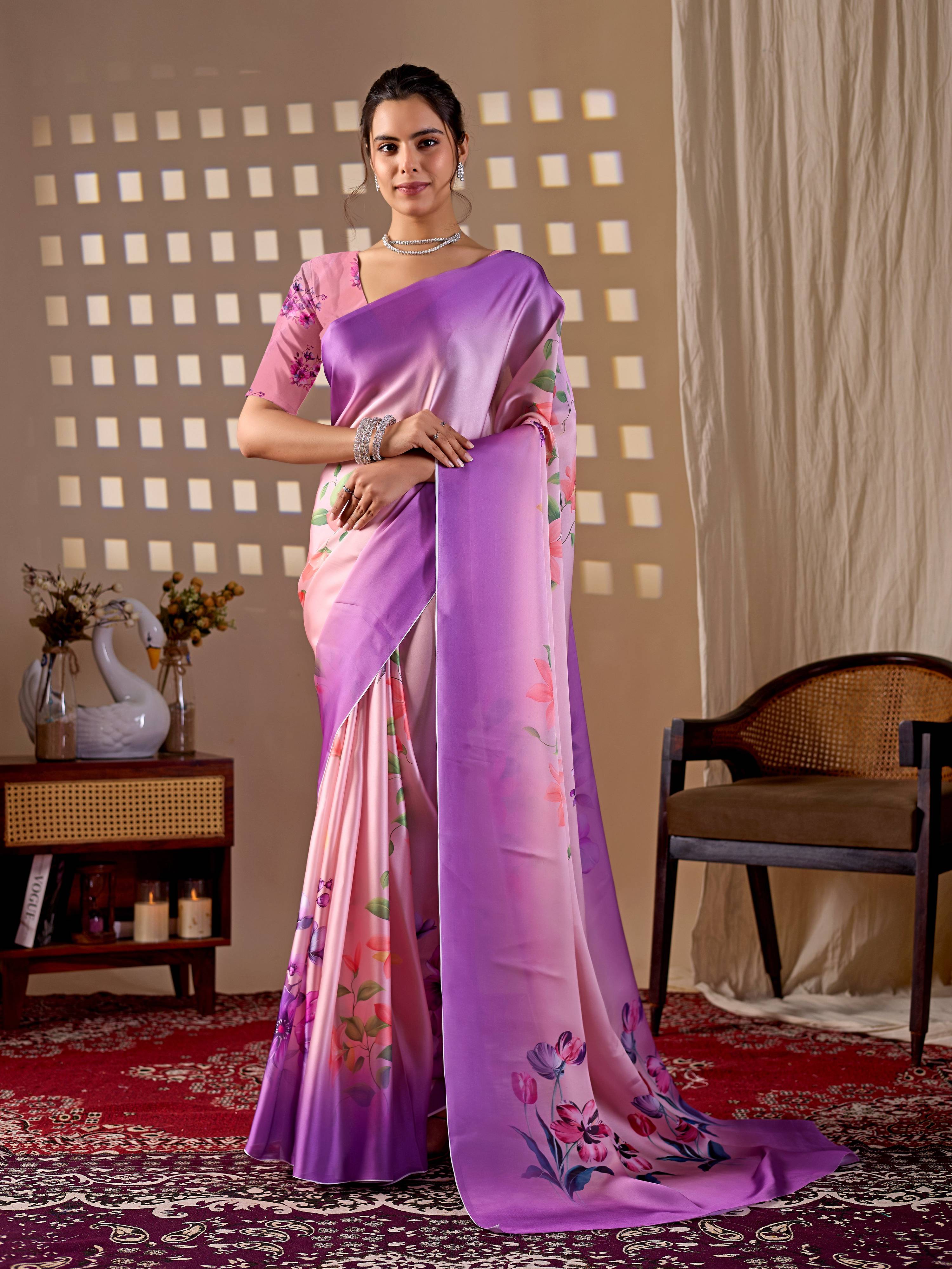 Purple soft satin georgette printed saree with matching blouse