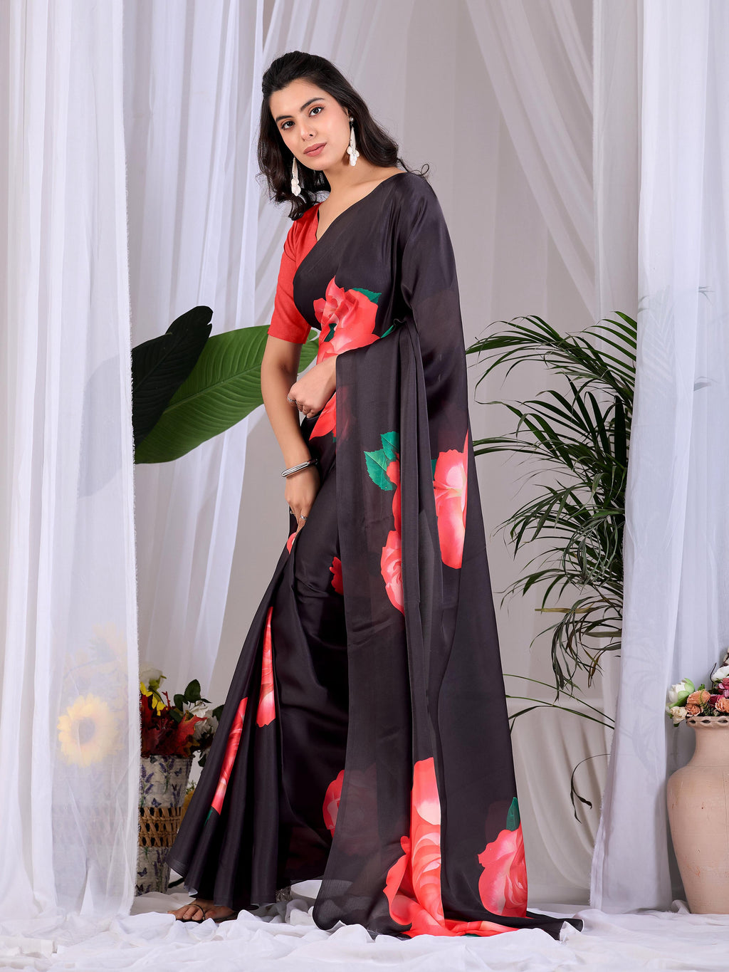 Black Printed Soft Satin Georgette Saree with Red Blouse