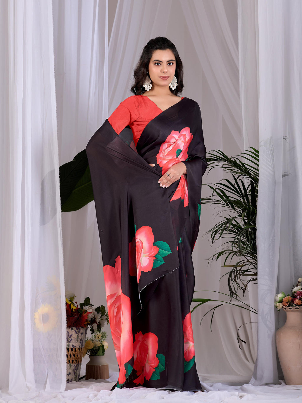 Black Printed Soft Satin Georgette Saree with Red Blouse