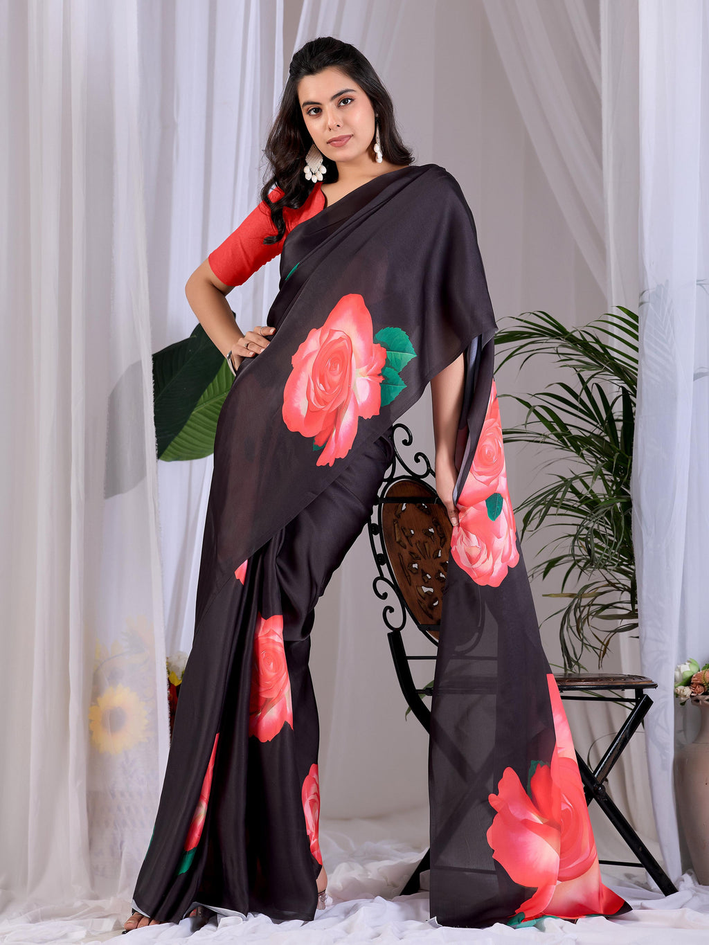 Black Printed Soft Satin Georgette Saree with Red Blouse