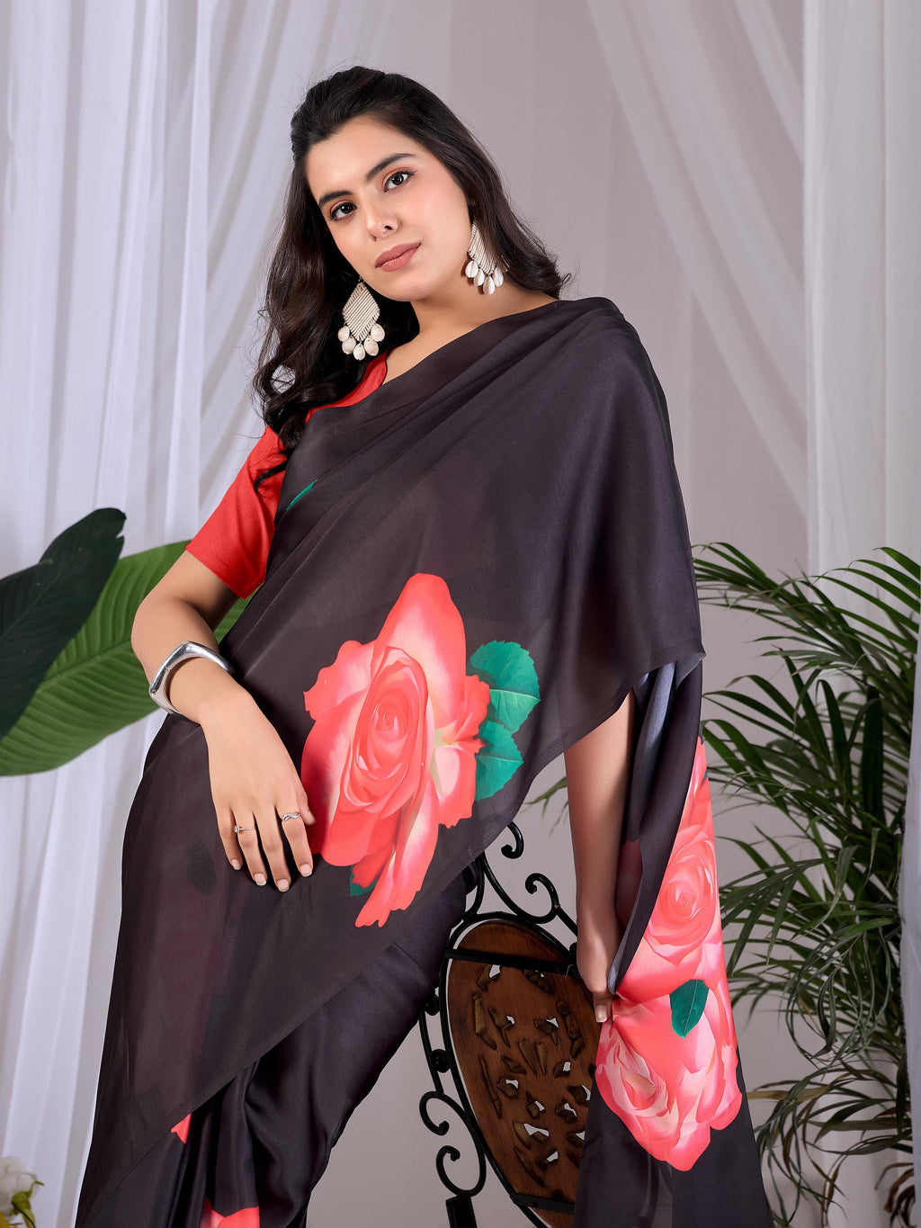 Black Printed Soft Satin Georgette Saree with Red Blouse