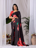 Black soft satin georgette printed saree with contrasting red blouse