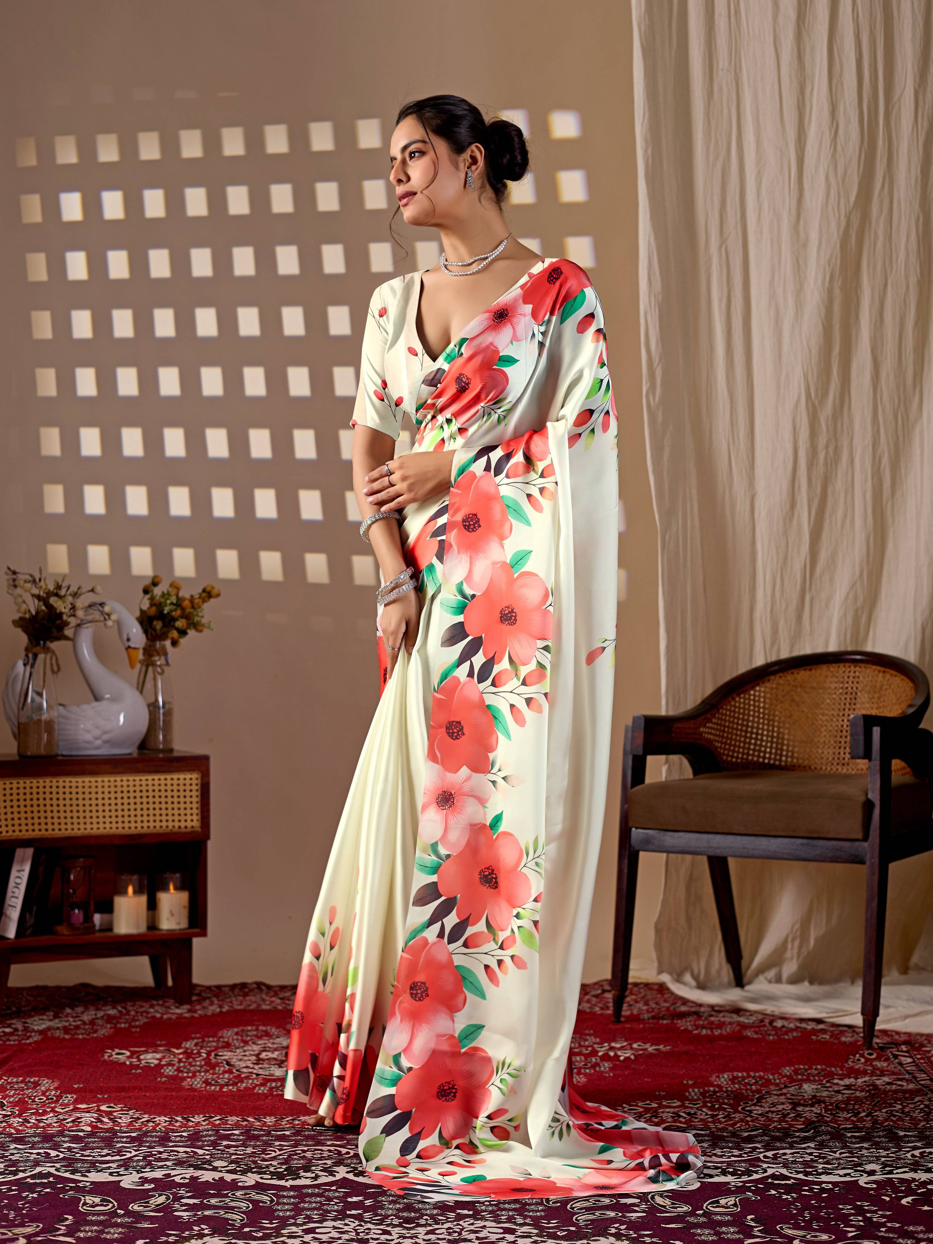 Cream Soft Satin Georgette Printed Saree with Matching Blouse