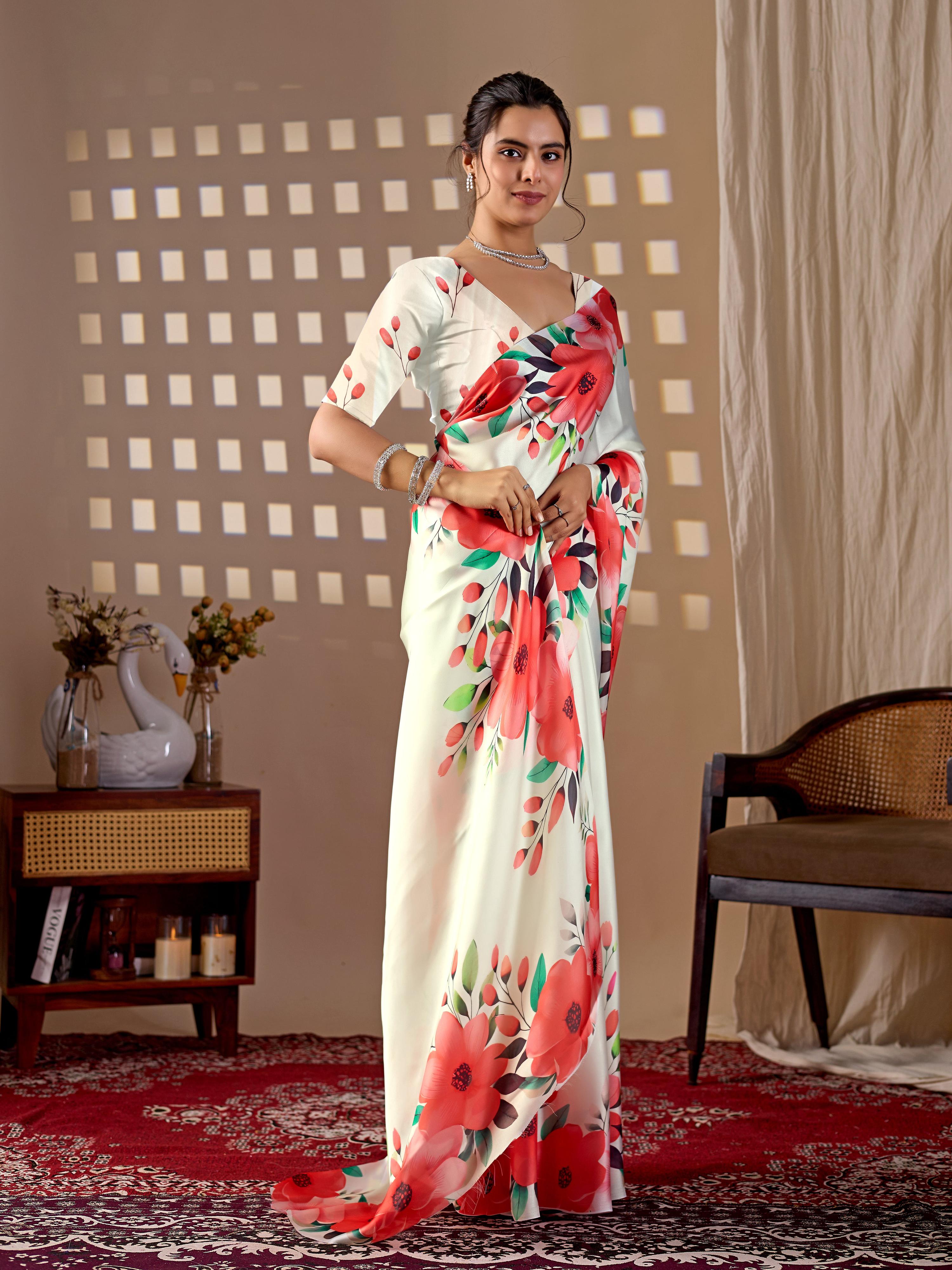 Aastha Fashion cream soft satin georgette printed saree with matching blouse piece