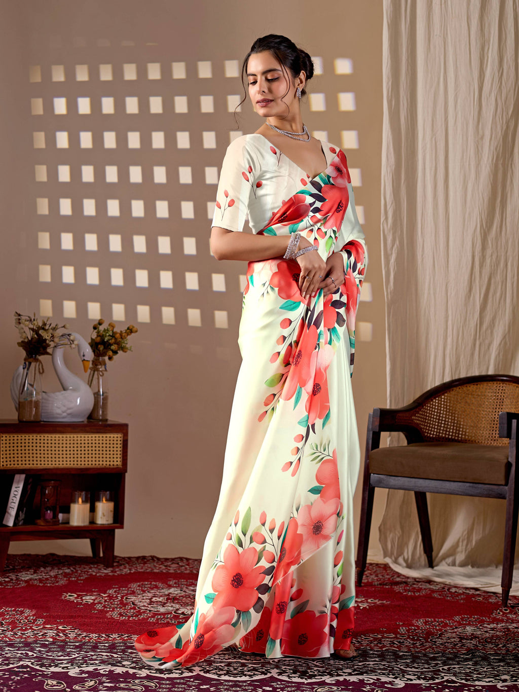 Cream Soft Satin Georgette Printed Saree with Matching Blouse