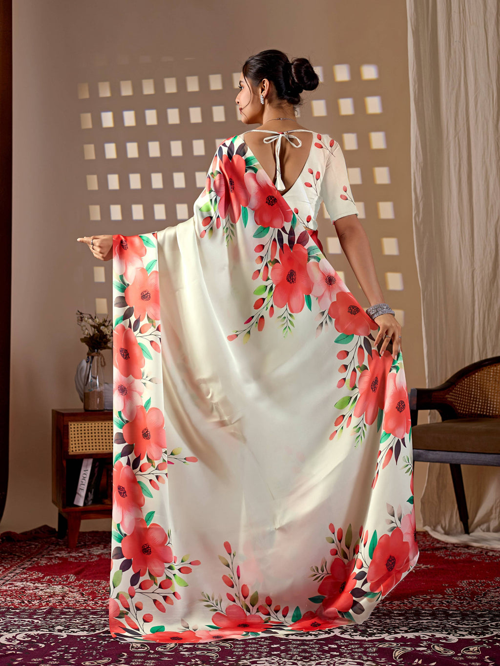 Cream Soft Satin Georgette Printed Saree with Matching Blouse
