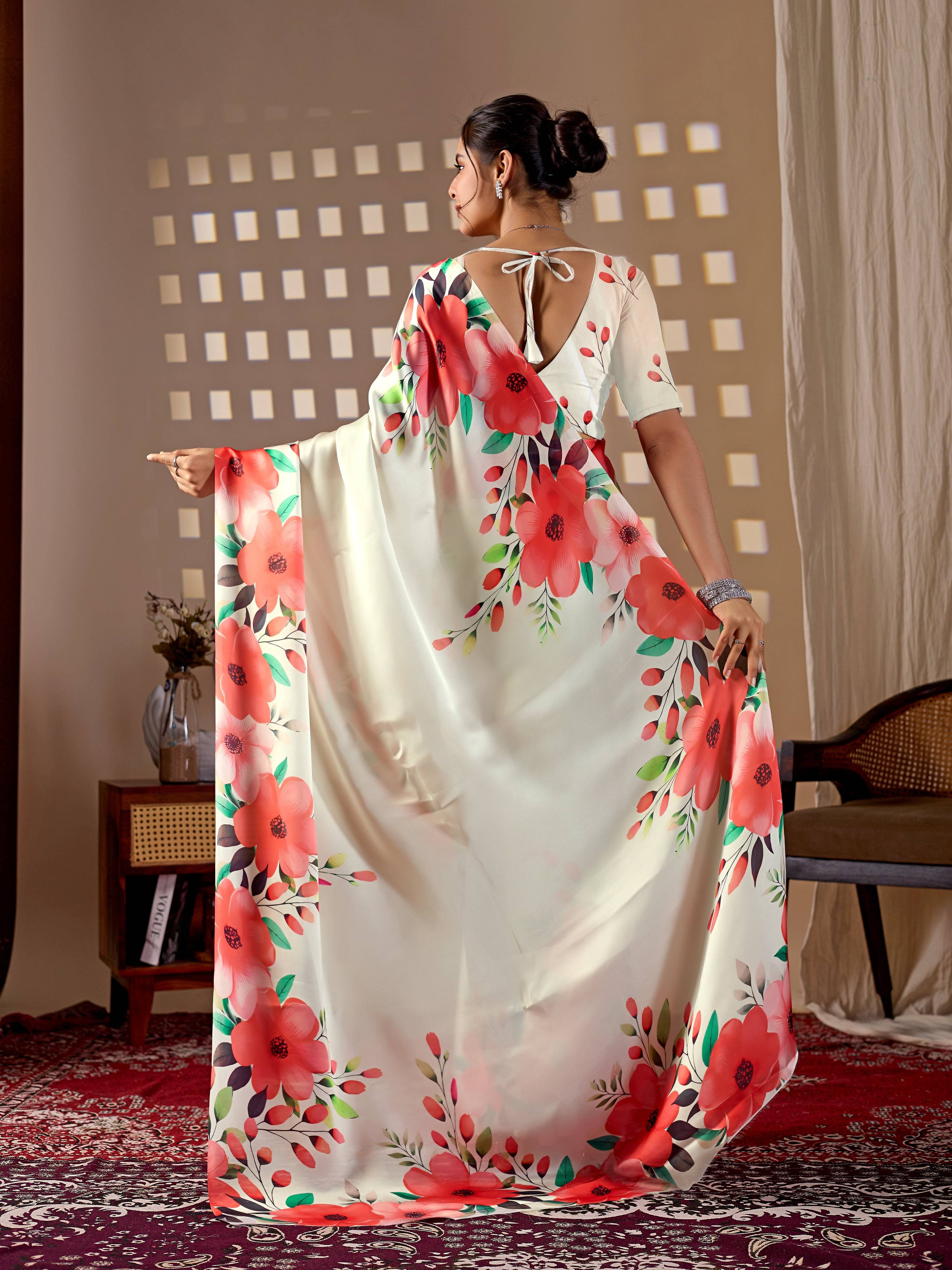 Cream Soft Satin Georgette Printed Saree with Matching Blouse