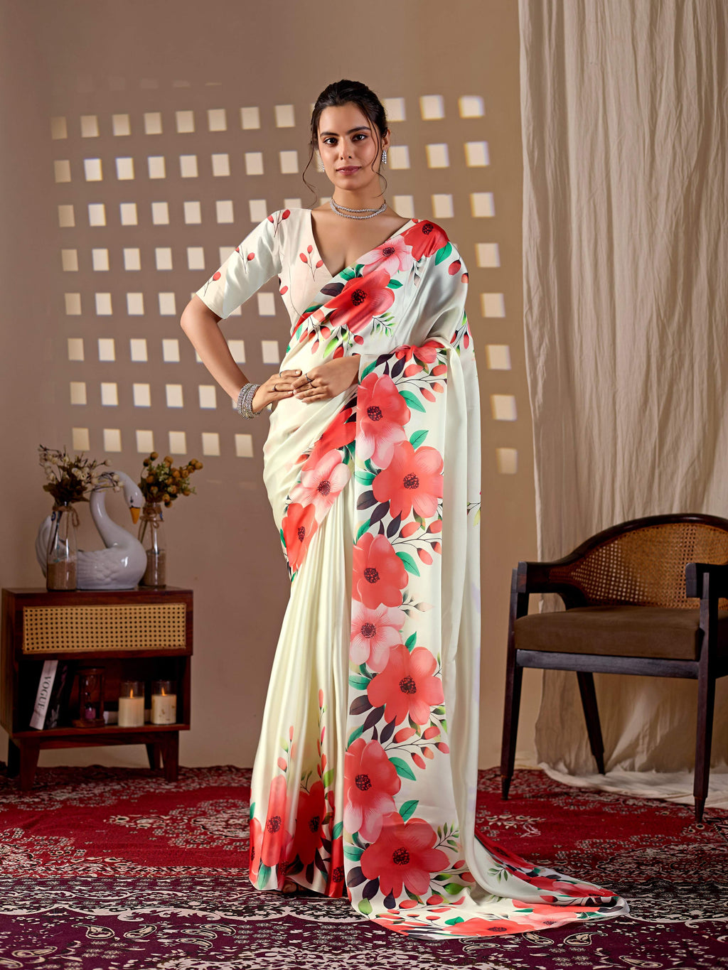 Cream Soft Satin Georgette Printed Saree with Matching Blouse