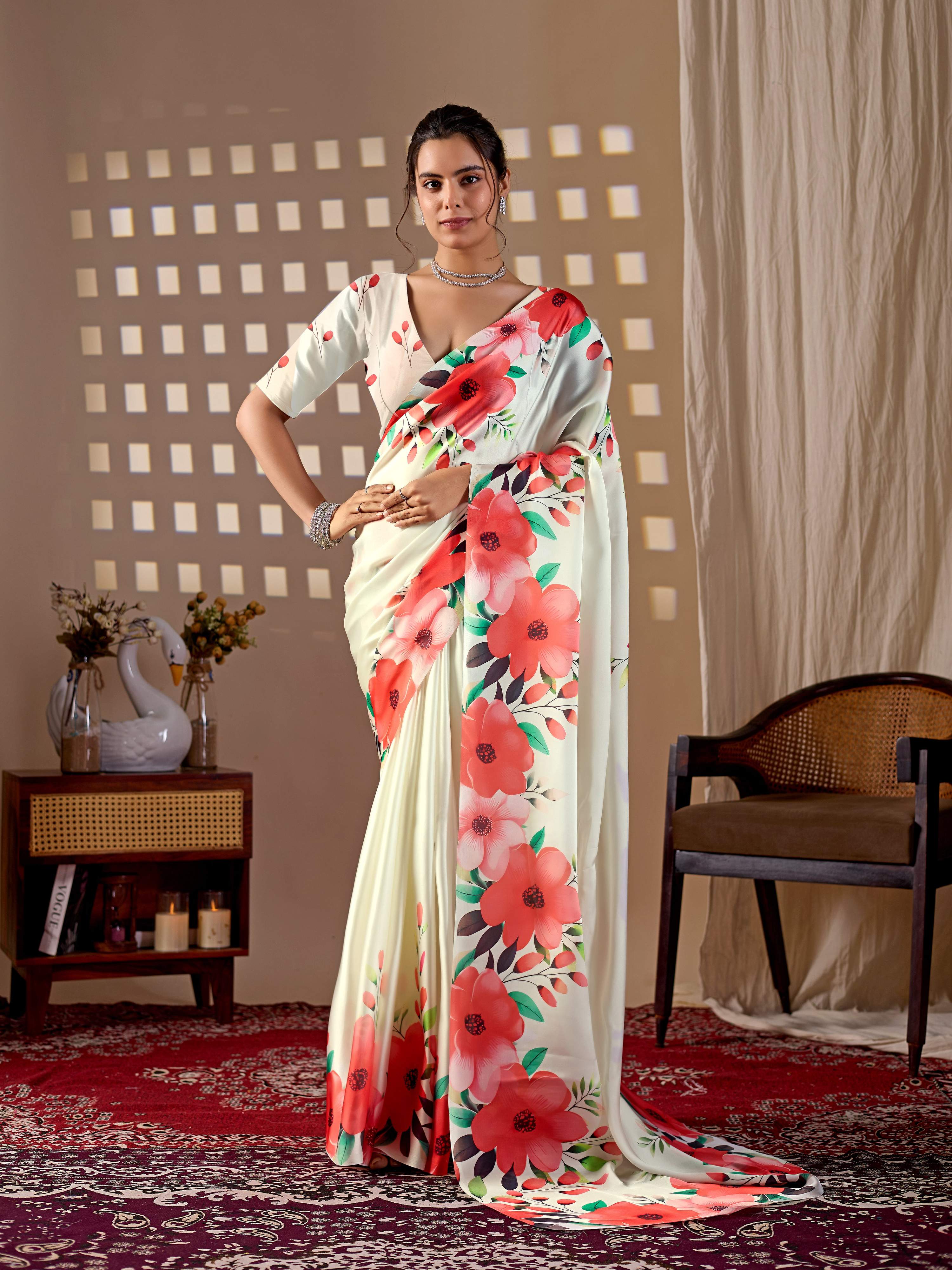 Cream Soft Satin Georgette Printed Saree with Matching Blouse