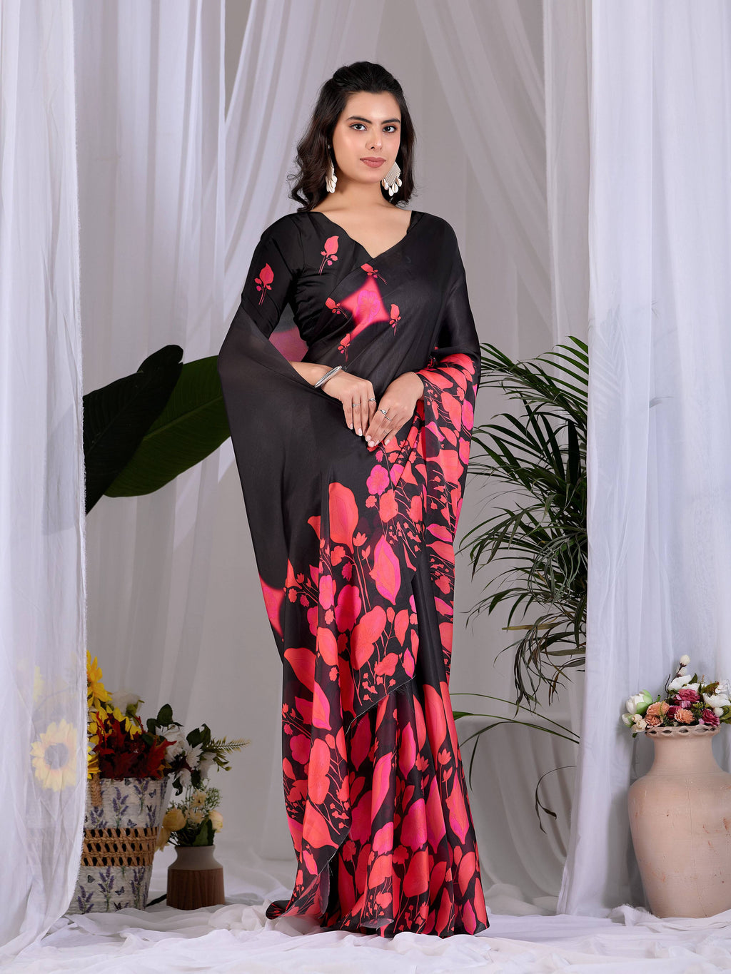 Multi Print Soft Satin Georgette Saree with Black Blouse