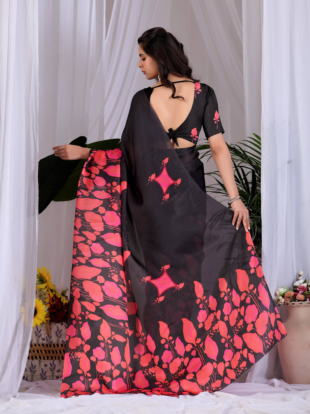 Multi Print Soft Satin Georgette Saree with Black Blouse
