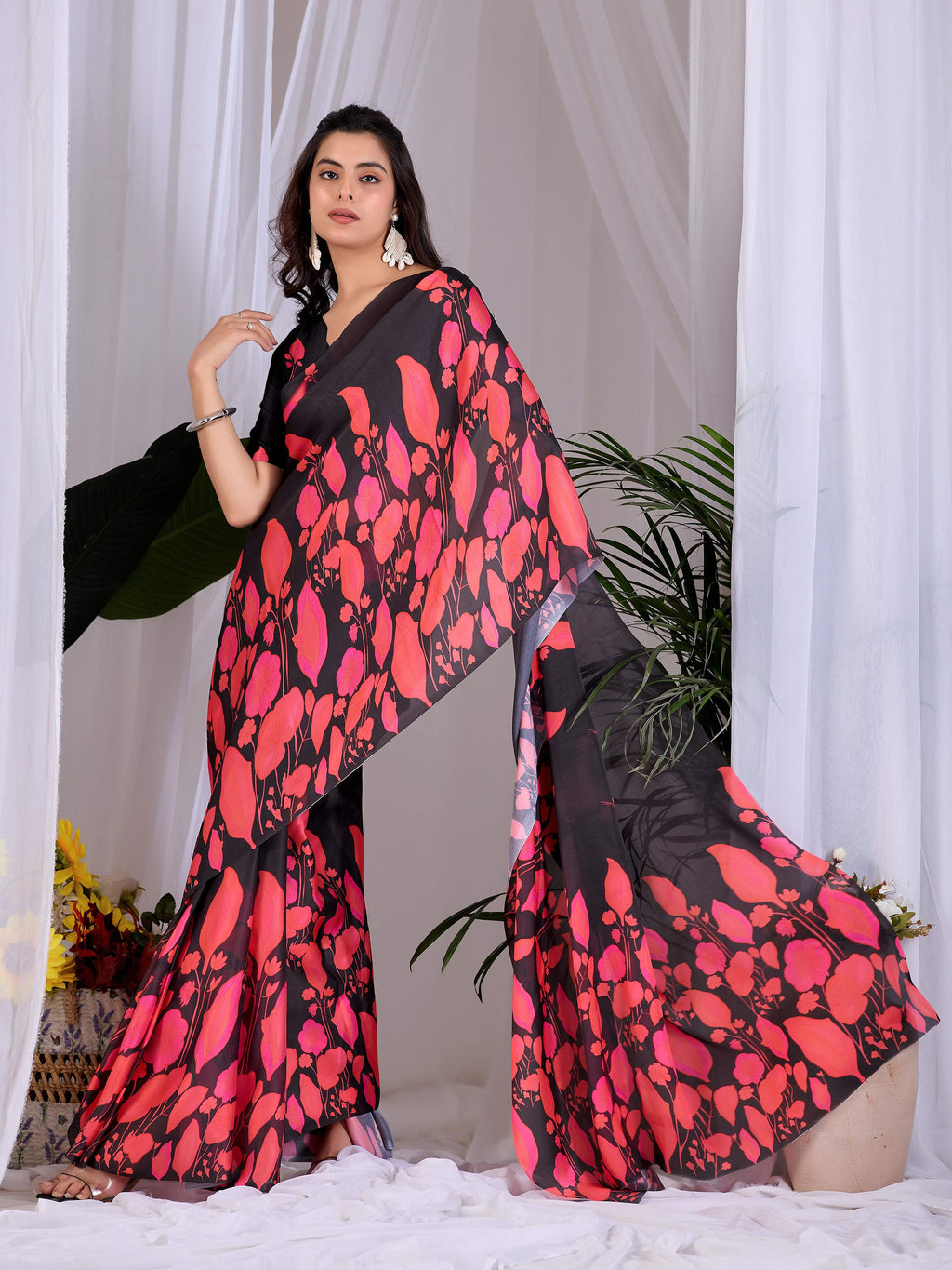 Multi Print Soft Satin Georgette Saree with Black Blouse