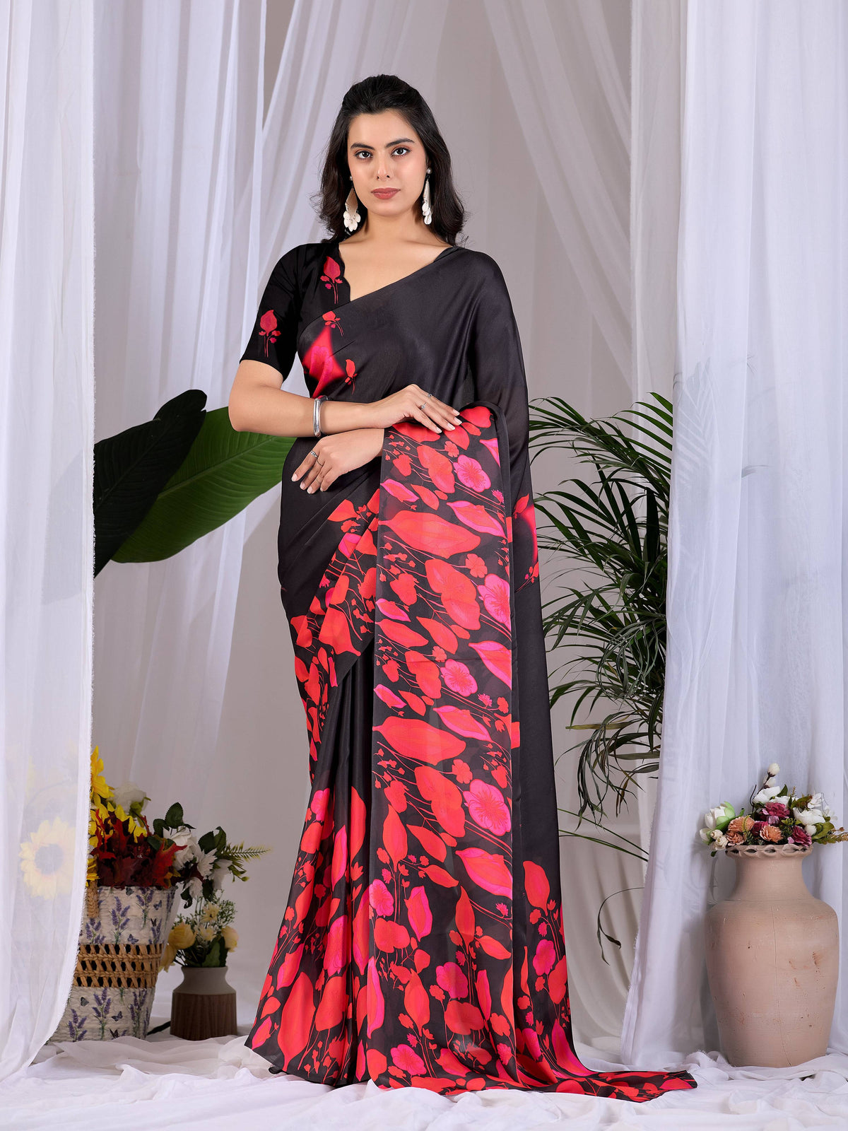 Multi Print Soft Satin Georgette Saree with Black Blouse