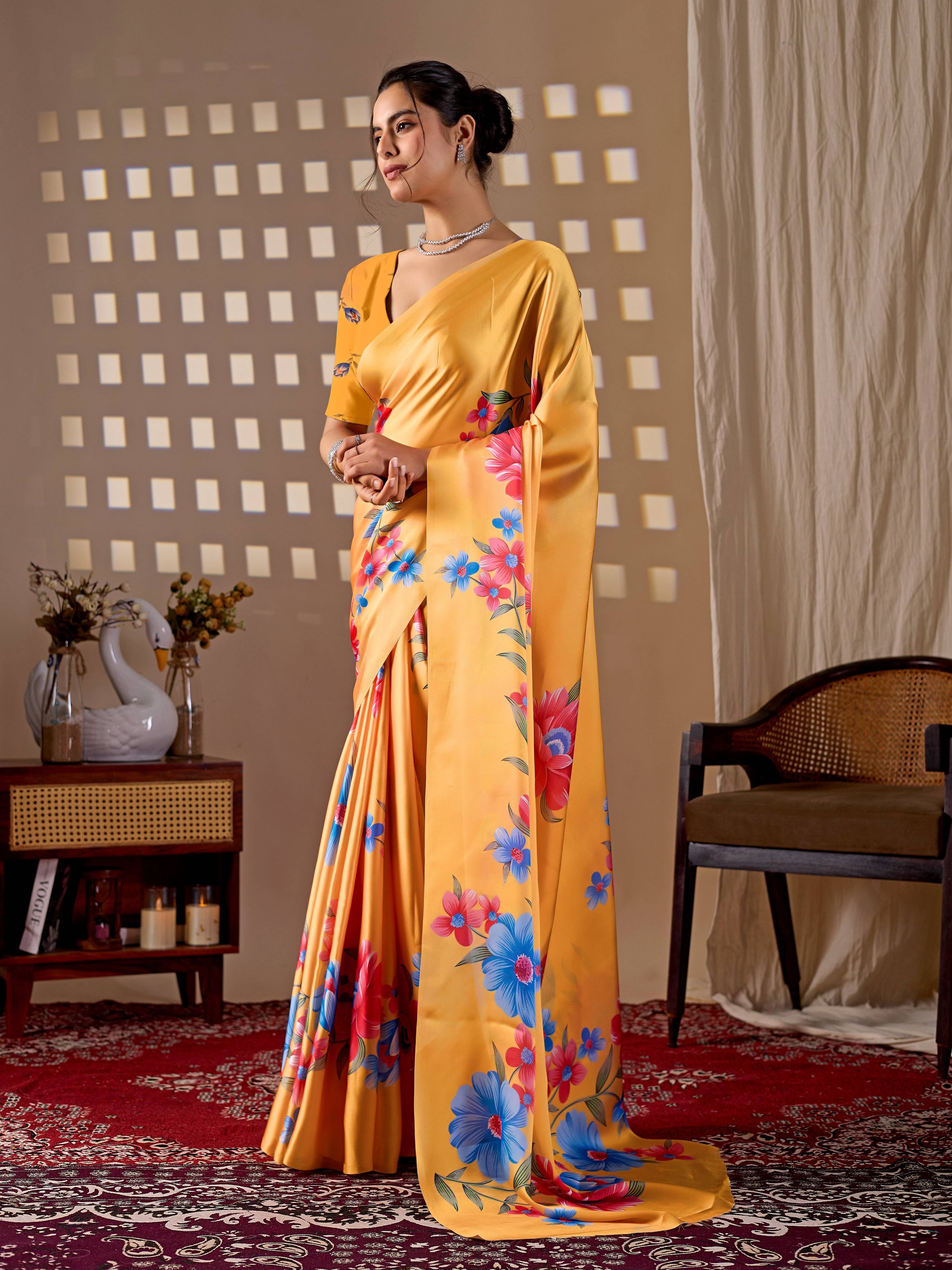 Yellow Soft Satin Georgette Printed Saree with Matching Blouse