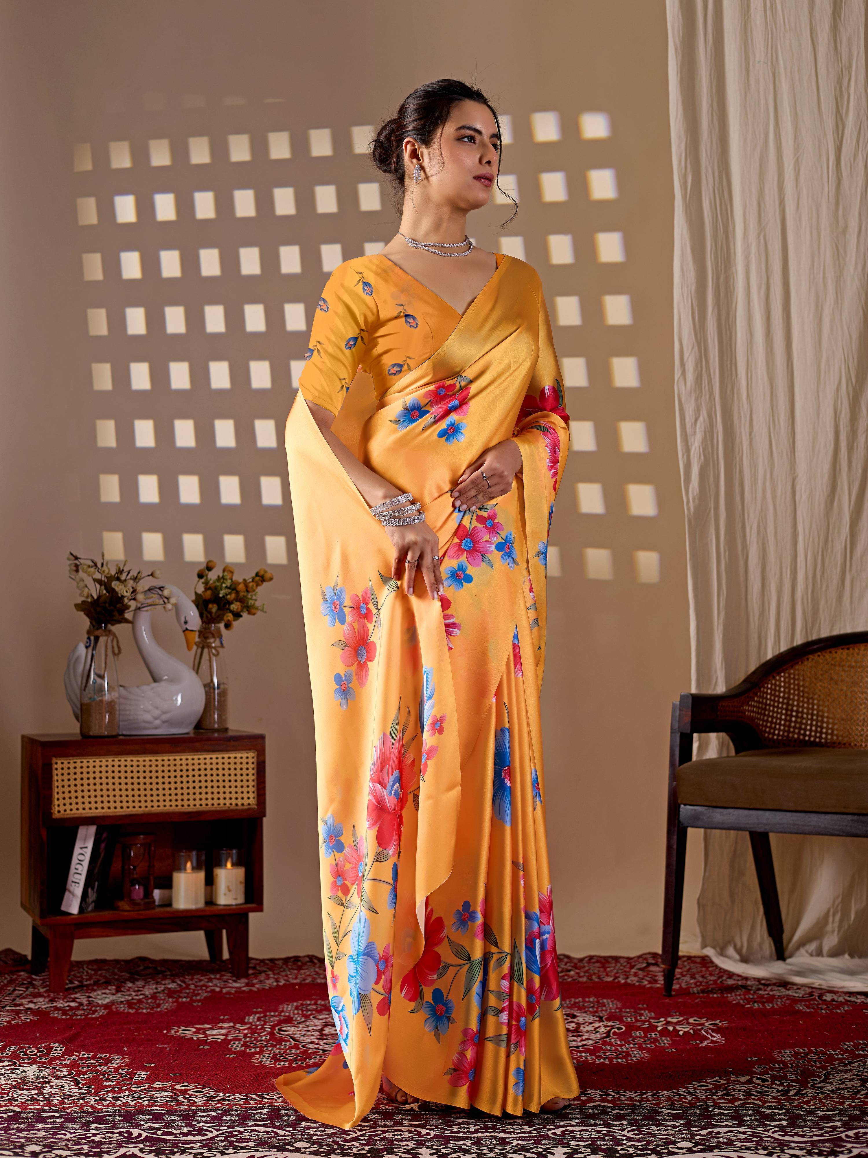 Yellow Soft Satin Georgette Printed Saree with Matching Blouse