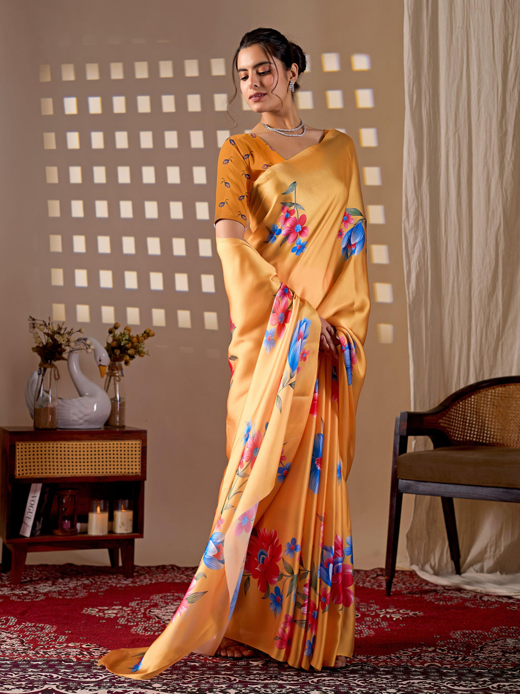 Yellow Soft Satin Georgette Printed Saree with Matching Blouse