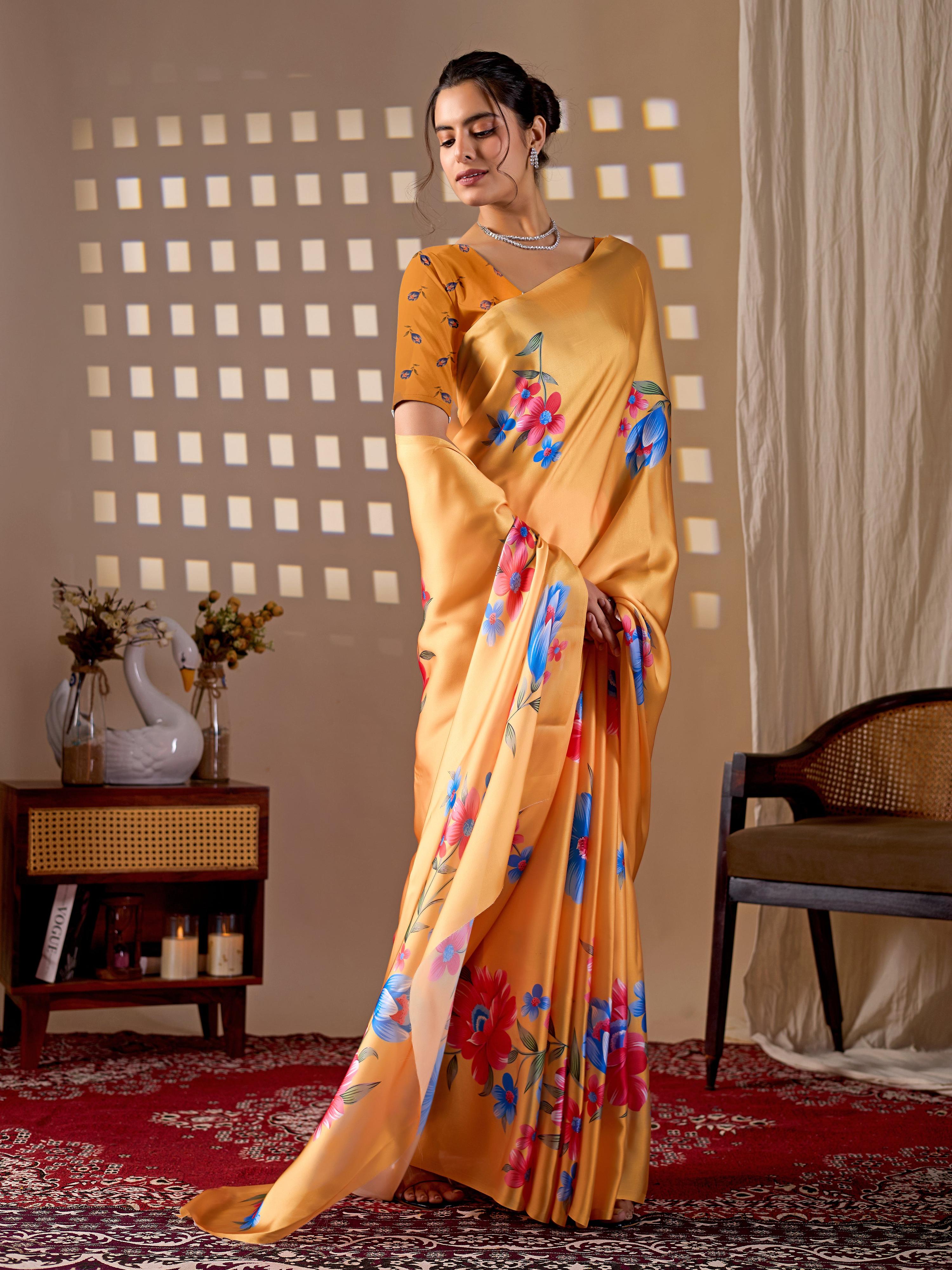 Yellow Soft Satin Georgette Printed Saree with Matching Blouse