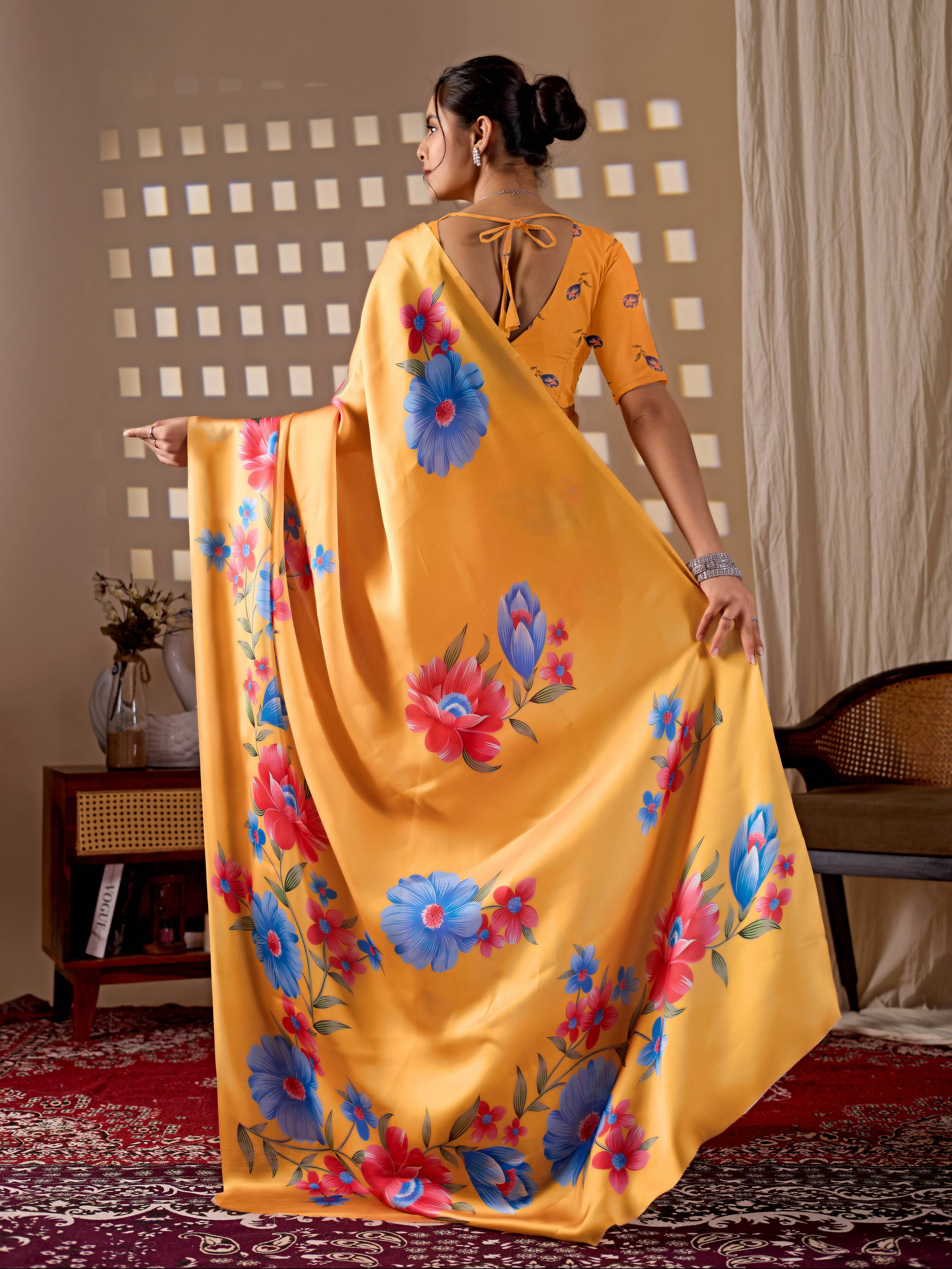 Yellow Soft Satin Georgette Printed Saree with Matching Blouse