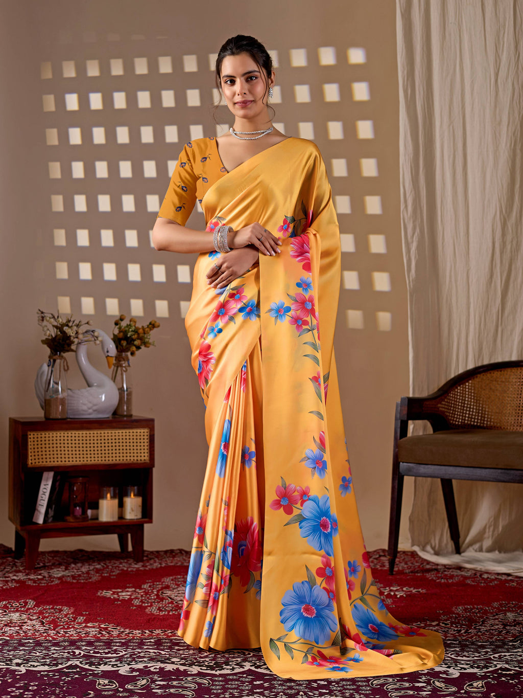Vibrant yellow soft satin georgette printed saree with matching blouse