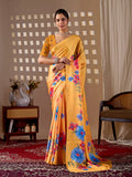 Vibrant yellow soft satin georgette printed saree with matching blouse