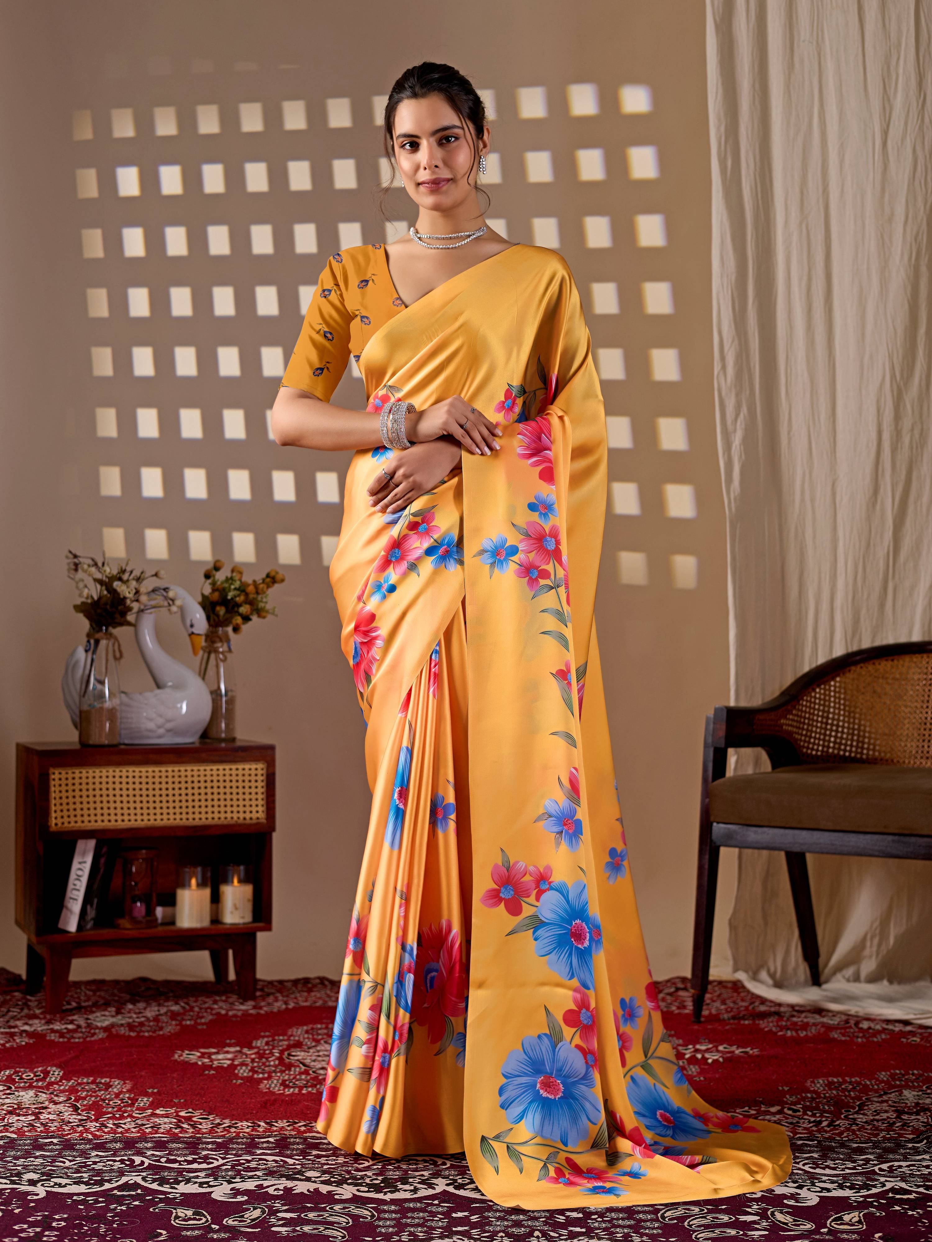 Vibrant yellow soft satin georgette printed saree with matching blouse