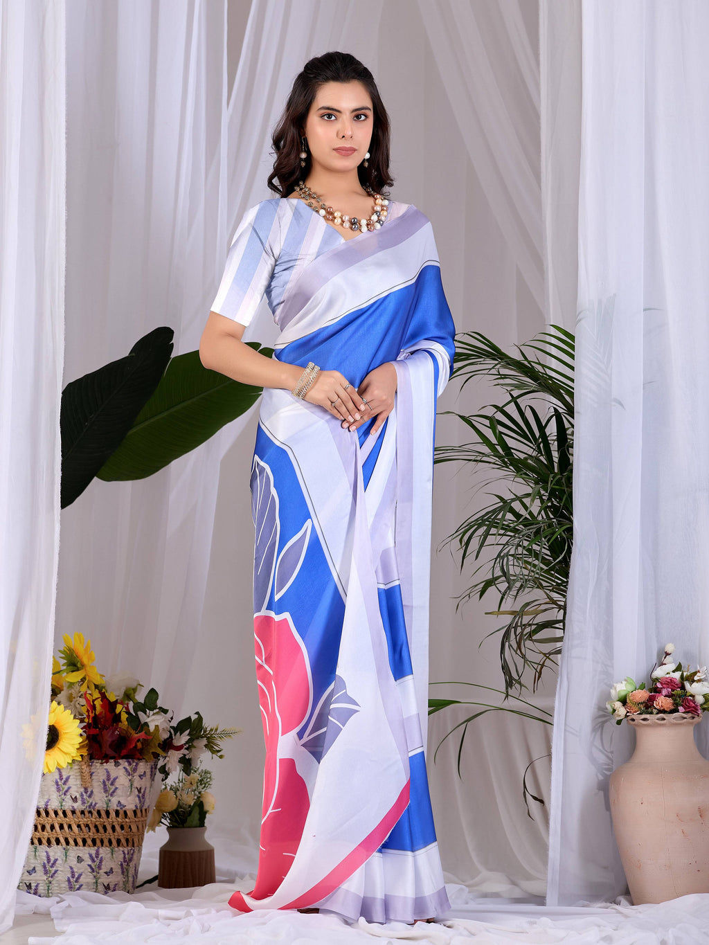 Multi-color printed soft satin georgette saree with matching blouse piece