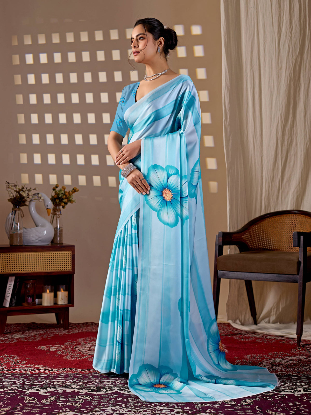Sky Soft Satin Georgette Printed Saree with Matching Blouse