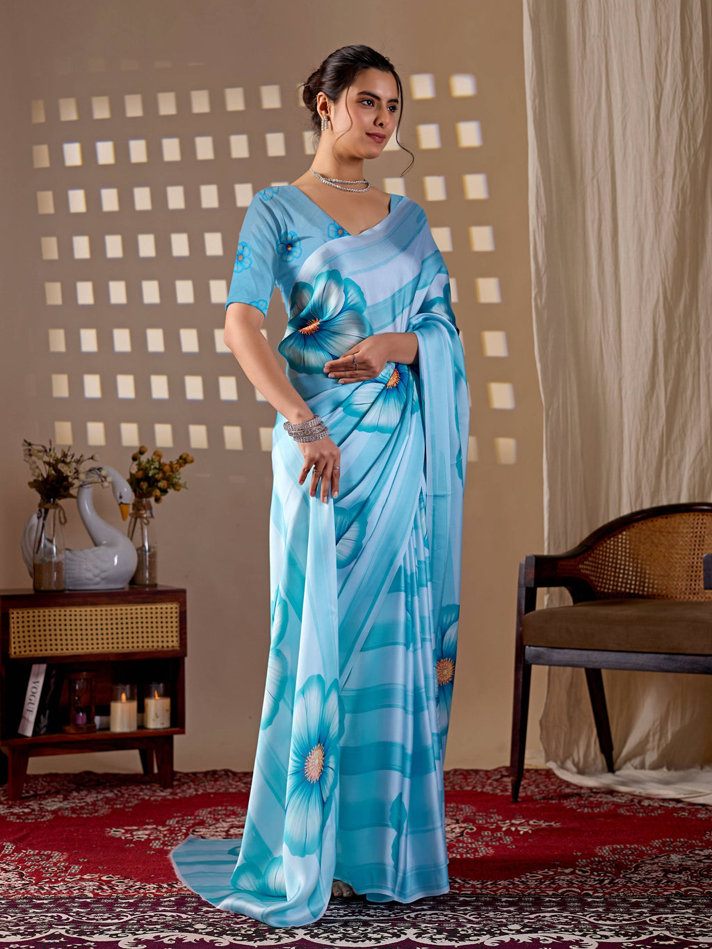 Sky Soft Satin Georgette Printed Saree with Matching Blouse