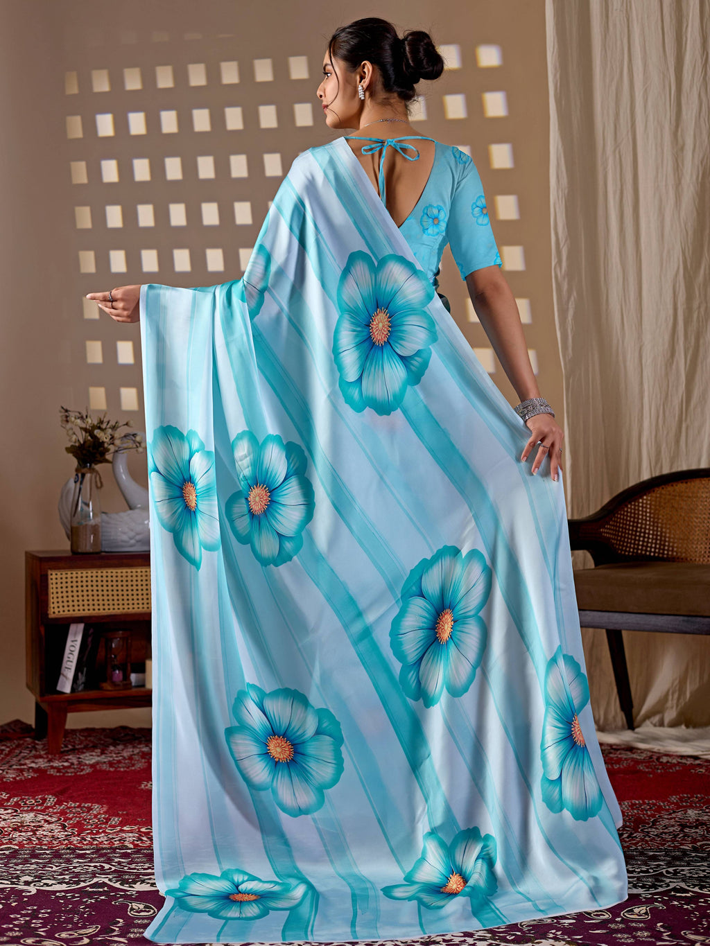 Sky Soft Satin Georgette Printed Saree with Matching Blouse