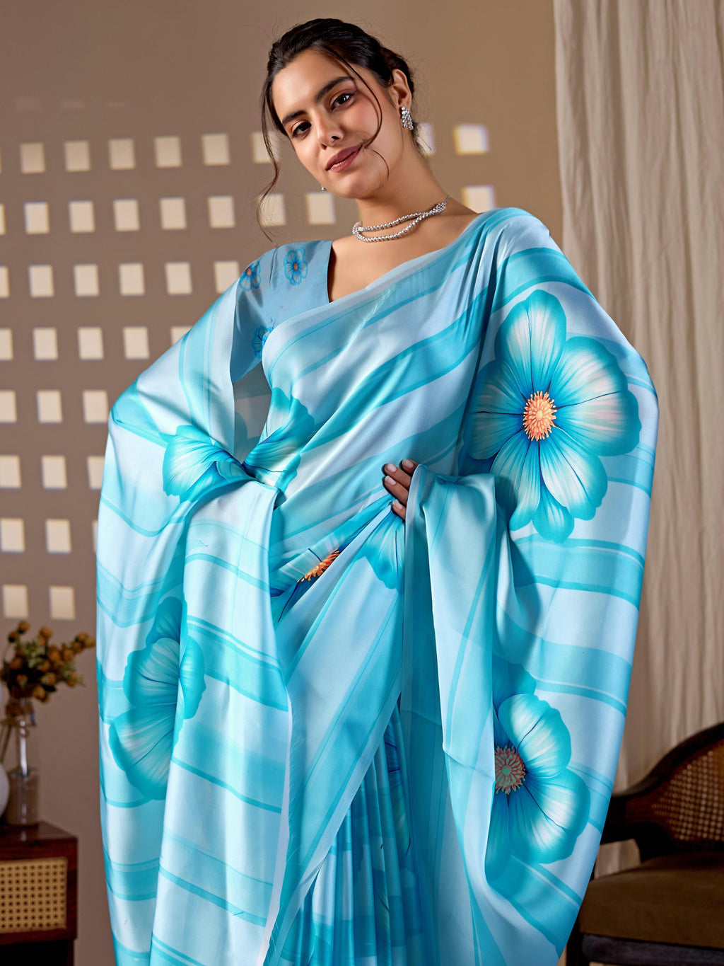 Sky Soft Satin Georgette Printed Saree with Matching Blouse
