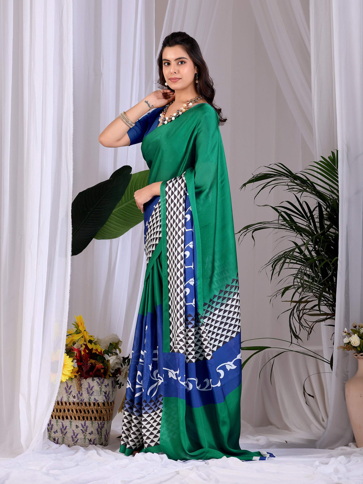 Green Soft Satin Georgette Printed Saree with Blue Blouse