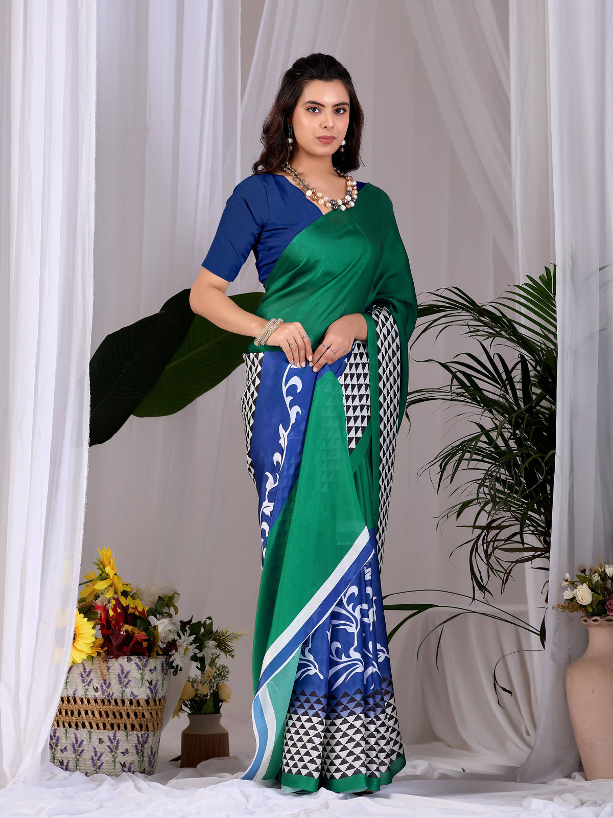 Green Soft Satin Georgette Printed Saree with Blue Blouse