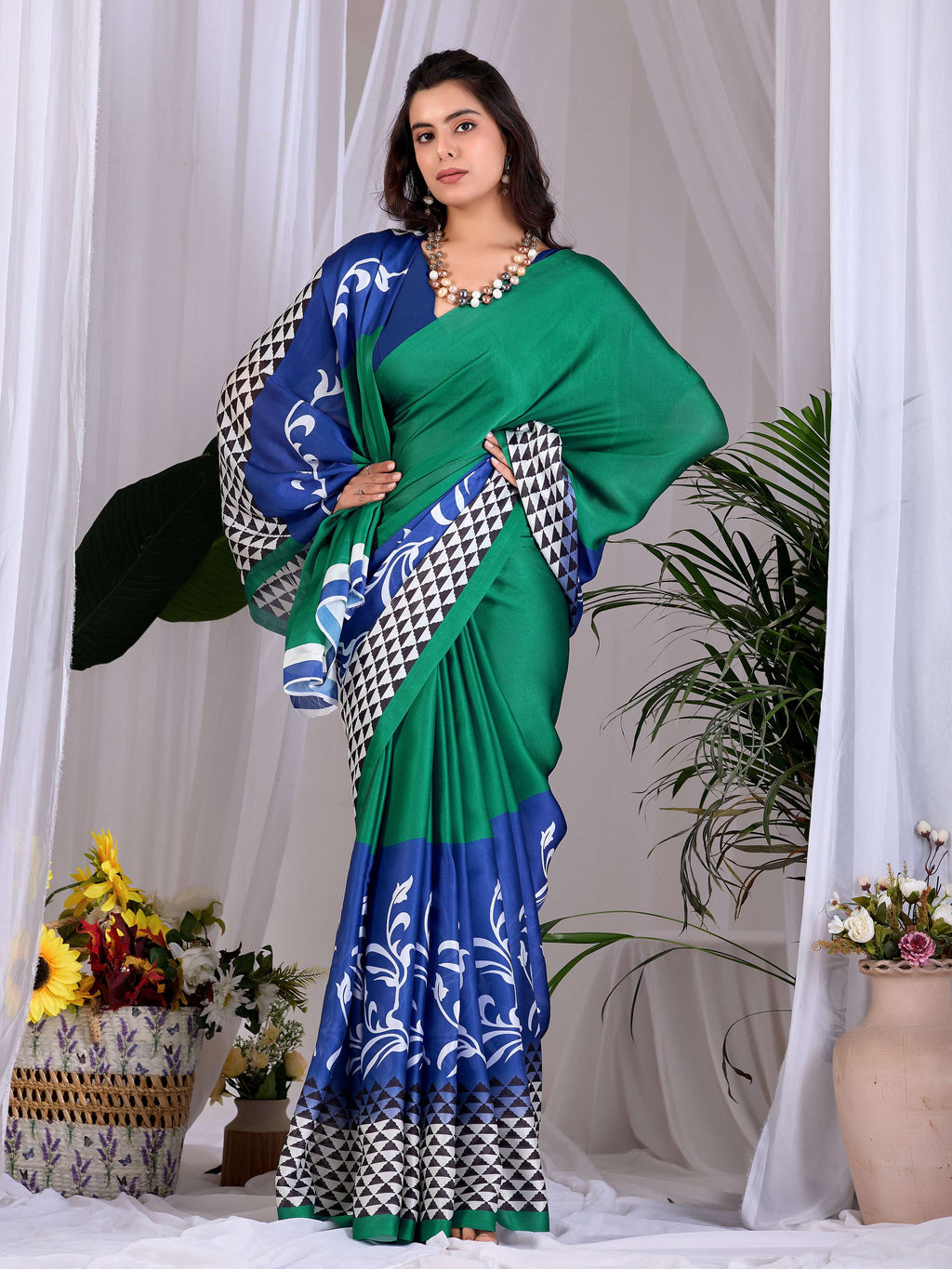 Green Soft Satin Georgette Printed Saree with Blue Blouse