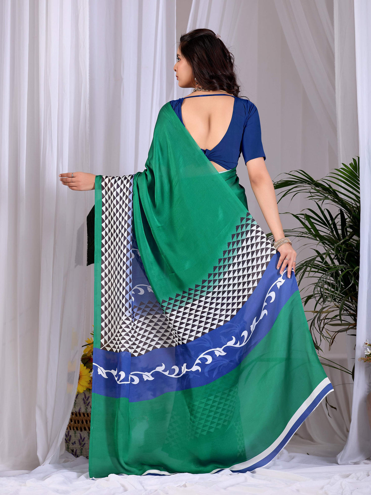 Green Soft Satin Georgette Printed Saree with Blue Blouse