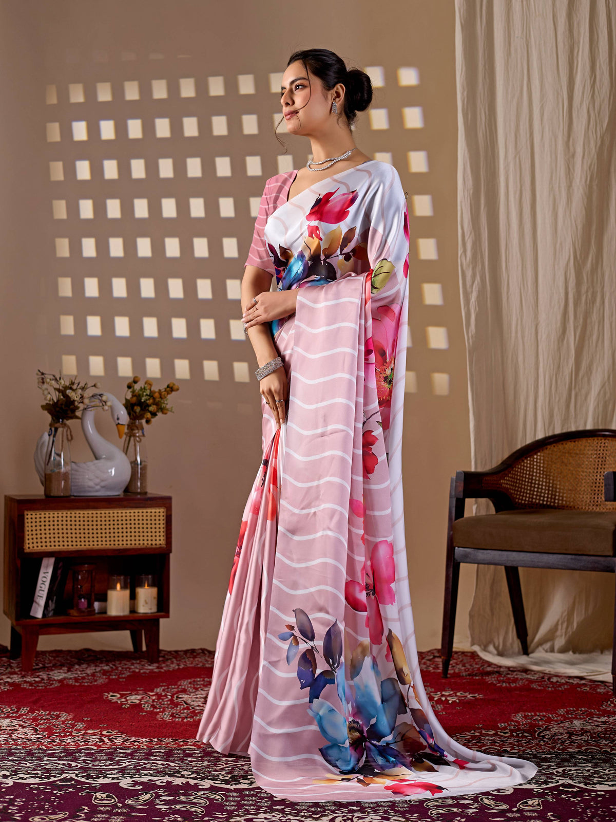 Peach Soft Satin Georgette Printed Saree with Blouse