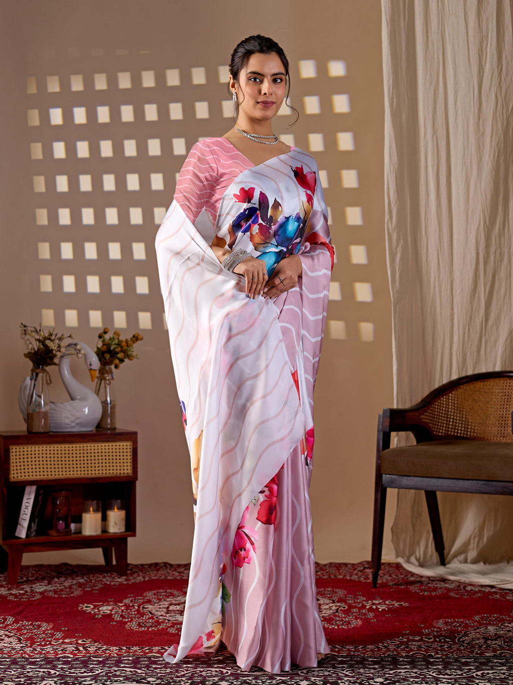 Peach soft satin georgette printed saree with matching blouse