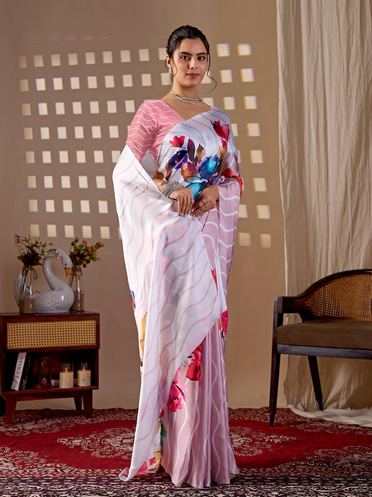 Peach soft satin georgette printed saree with matching blouse