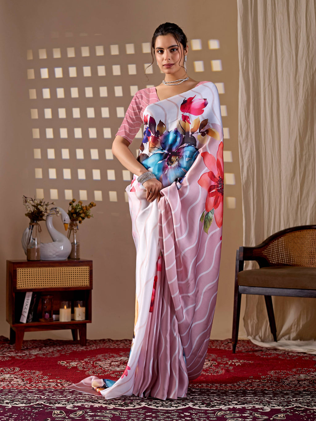 Peach Soft Satin Georgette Printed Saree with Blouse
