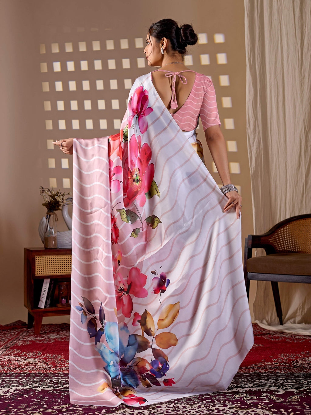 Peach Soft Satin Georgette Printed Saree with Blouse