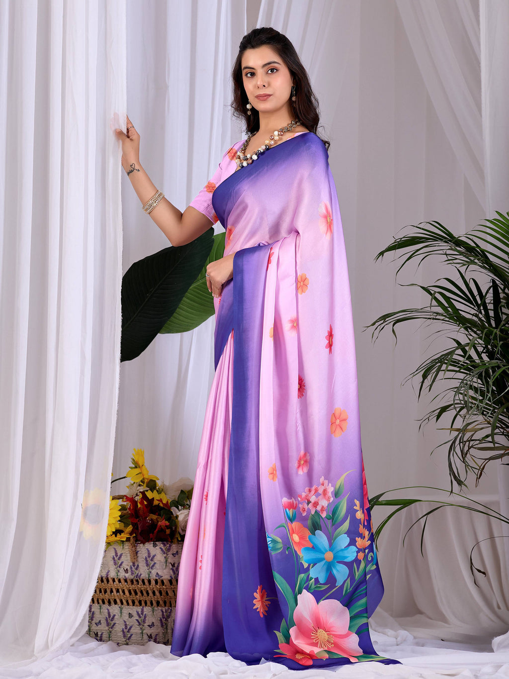 Pink Soft Satin Georgette Printed Saree for Women