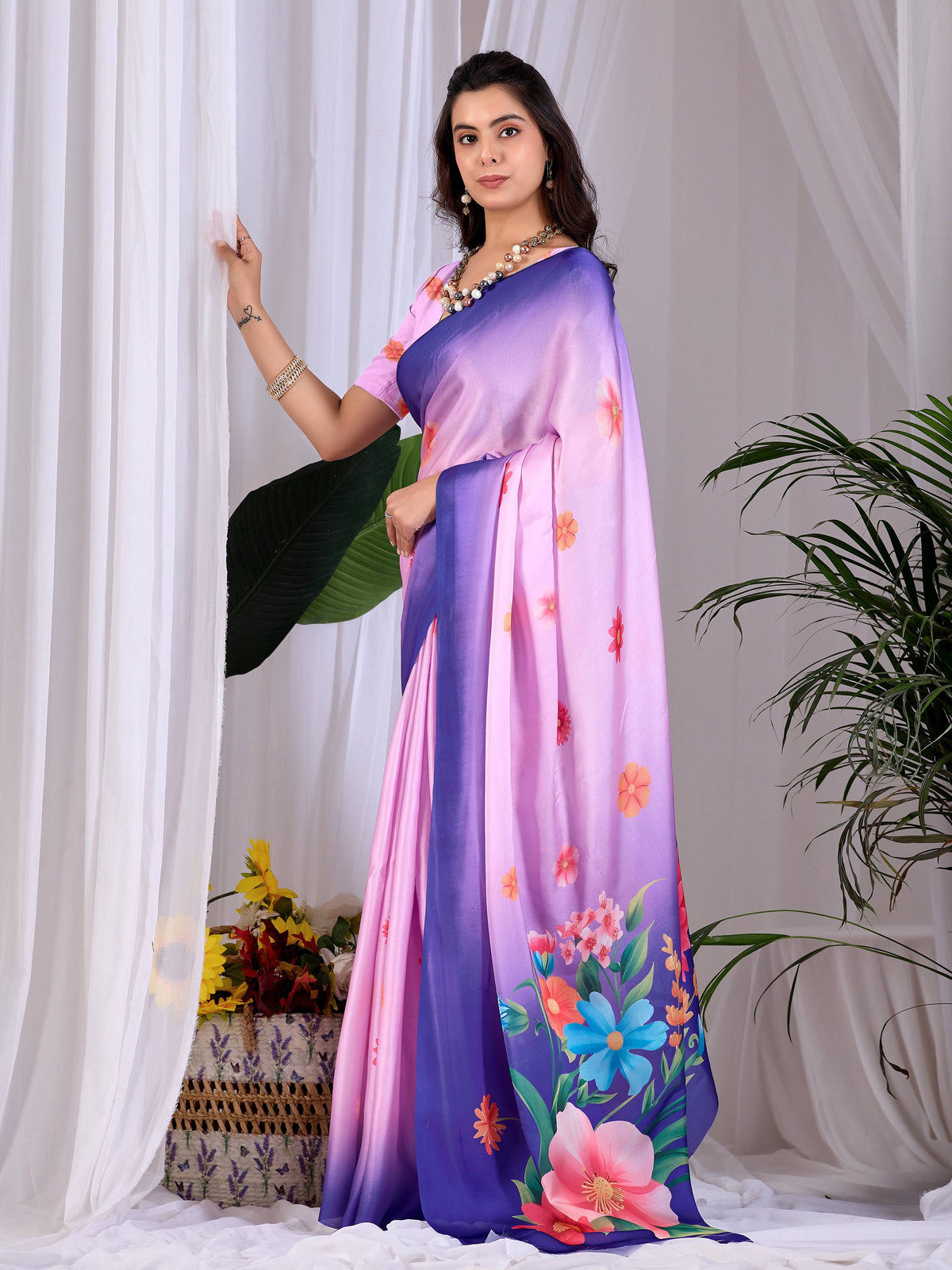 Pink Soft Satin Georgette Printed Saree for Women