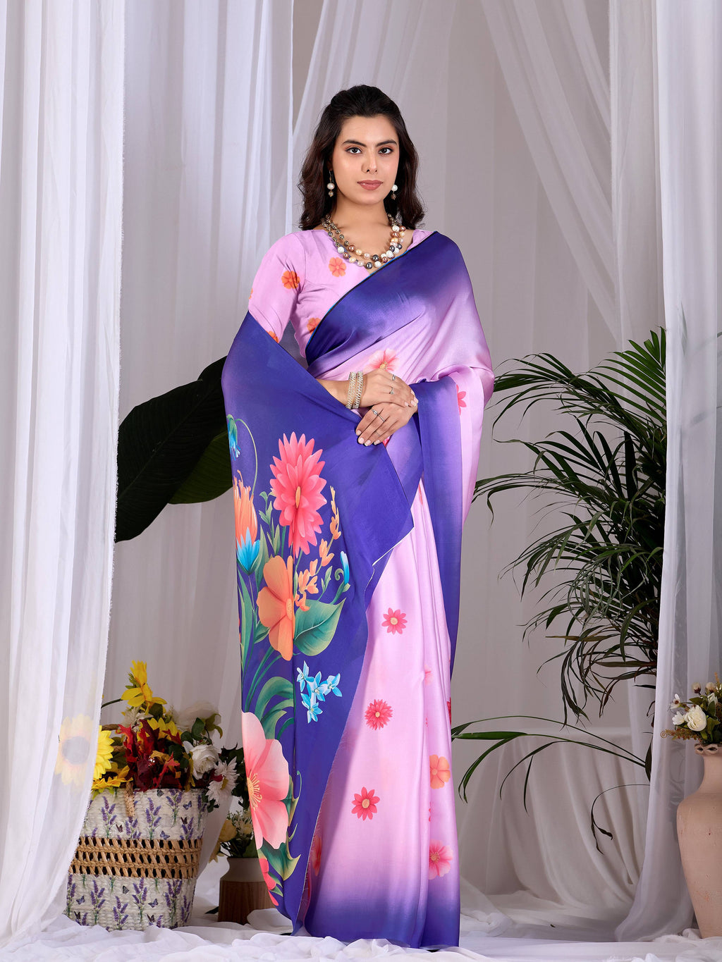Pink Soft Satin Georgette Printed Saree for Women