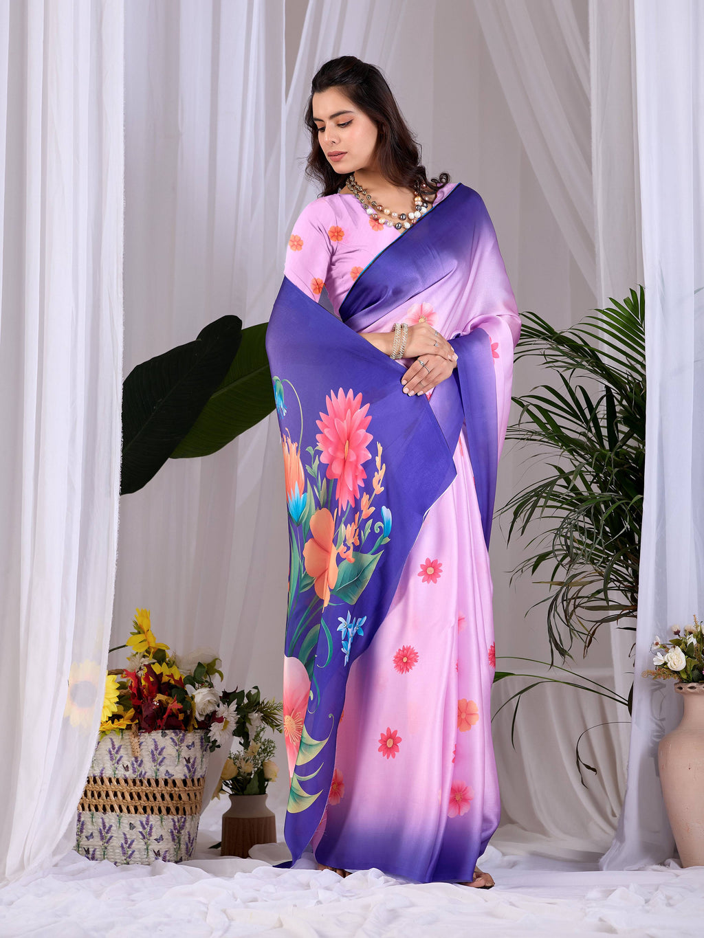 Pink Soft Satin Georgette Printed Saree for Women